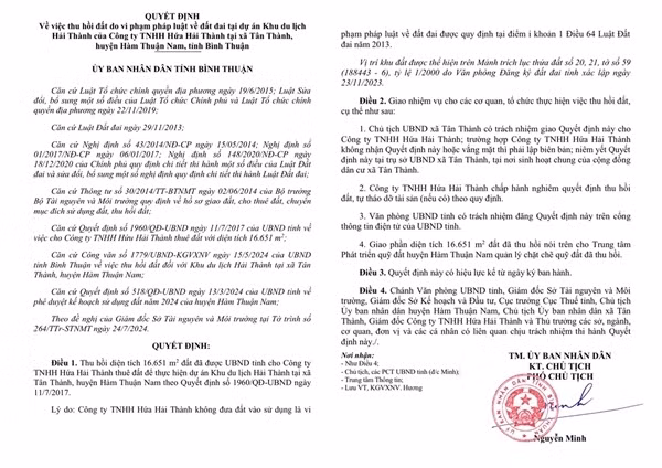 Vi pham phap luat ve dat dai, Cong ty Hua Hai Thanh bi thu hoi du an