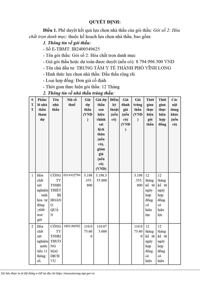 Goi cung cap hoa chat xet nghiem 8,79 ty cua TTYT Vinh Long ve tay 5 nha thau