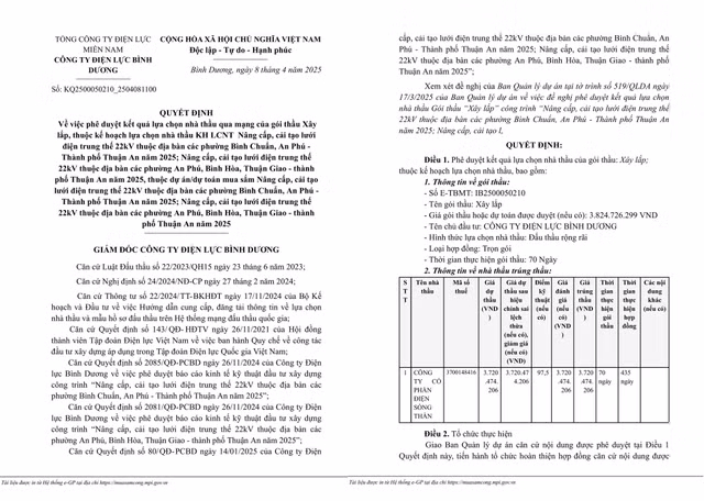Duy nhat Cty Dien Song Than tham gia va trung goi thau cai tao luoi dien cua Dien luc Binh Duong