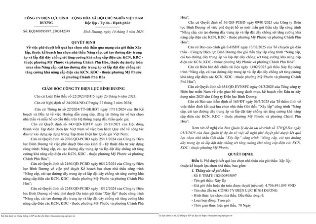 Cty Triệu Quang trúng gói thầu xây lắp điện 1,71 tỷ của Điện lực Bình Dương Cty Trieu Quang trung goi thau xay lap dien 1,71 ty cua Dien luc Binh Duong