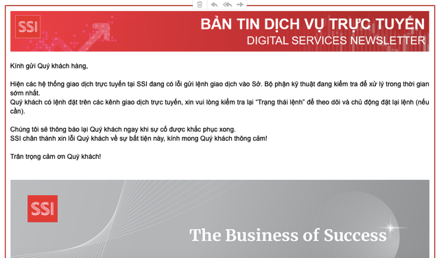 Hệ thống giao dịch SSI gặp sự cố lỗi gửi lệnh vào Sở He thong giao dich SSI gap su co loi gui lenh vao So