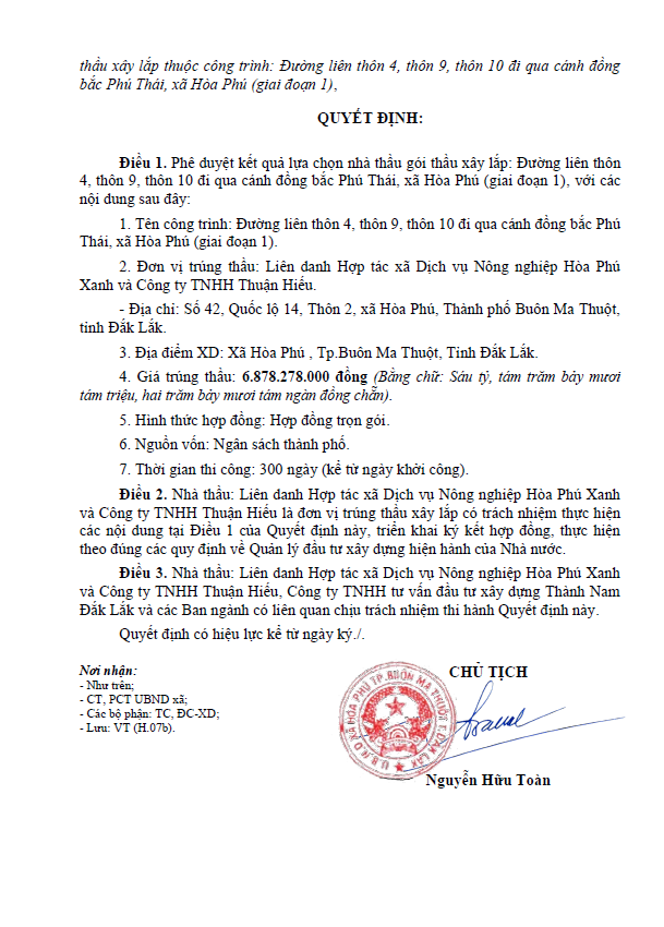 Không đối thủ, Liên danh Hòa Phú Xanh - Thuận Hiếu trúng gói thầu gần 7 tỷ đồng Khong doi thu, Lien danh Hoa Phu Xanh - Thuan Hieu trung goi thau gan 7 ty dong
