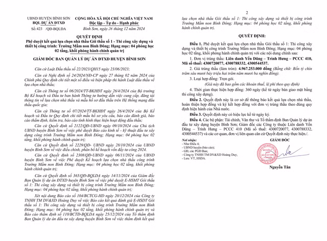 Nha thau nao se thi cong truong Mam non Binh Dong tai Quang Ngai?