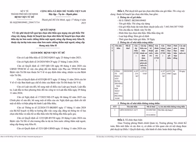 TP HCM: Cong ty Dat Phuong Nam trung goi thau xay dung hon 6,3 ty tai BV Tu Du