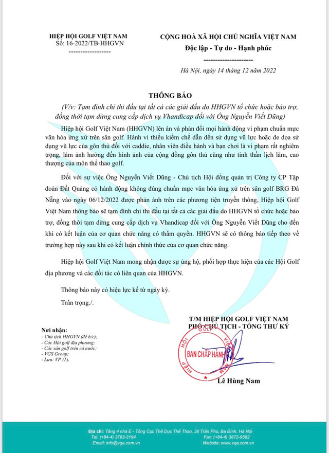 Vụ Chủ tịch tập đoàn Đất Quảng đánh caddy trên sân golf: Hiệp hội Golf Việt Nam thông báo tẩy chay ông Nguyễn Viết Dũng Vu Chu tich tap doan Dat Quang danh caddy tren san golf: Hiep hoi Golf Viet Nam thong bao tay chay ong Nguyen Viet Dung