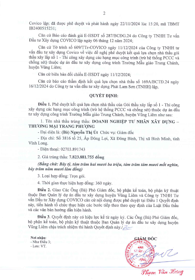 Vĩnh Long: Nhà thầu Trang Phượng trúng gói xây lắp hơn 7,8 tỷ Vinh Long: Nha thau Trang Phuong trung goi xay lap hon 7,8 ty