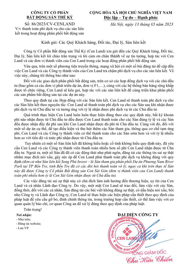 Cen Land dính lùm xùm về chậm trả phí môi giới sau khi báo lỗ quý 1 Cen Land dinh lum xum ve cham tra phi moi gioi sau khi bao lo quy 1
