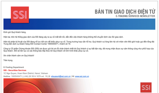 Hệ thống giao dịch của Chứng khoán SSI gặp sự cố, nhà đầu tư bức xúc He thong giao dich cua Chung khoan SSI gap su co, nha dau tu buc xuc