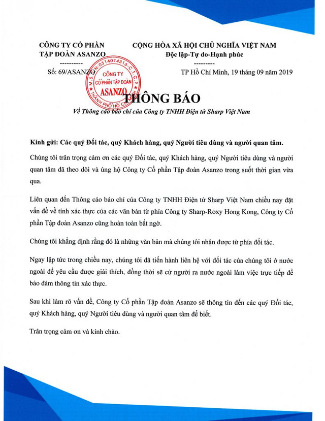 Asanzo lên tiếng về thông tin Sharp Việt Nam phủ nhận hợp tác Asanzo len tieng ve thong tin Sharp Viet Nam phu nhan hop tac