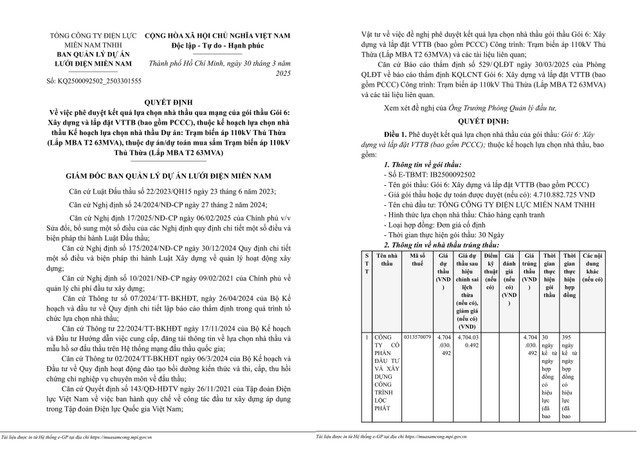 Cty Loc Phat trung goi xay tram 110kV Thu Thua cua Dien luc mien Nam