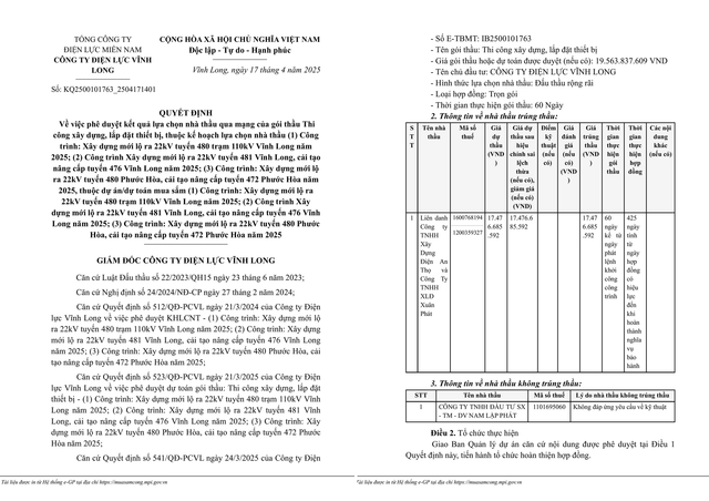 Vinh Long: Goi thau cong trinh xay dung 22kV ve tay lien danh An Tho - Xuan Phat