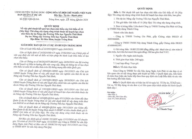 Dong Nai: Lien danh Truong Gia Phat-Thanh Cong trung goi xay lap truong Nguyen Thai Binh