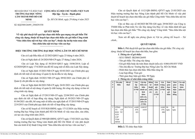 ĐH Nông Lâm TP HCM: Nhà thầu nào trúng gói sửa chữa khu nội trú ? DH Nong Lam TP HCM: Nha thau nao trung goi sua chua khu noi tru ?