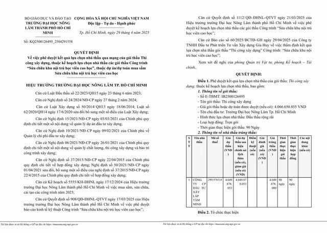 DH Nong Lam TP HCM: Nha thau nao trung goi sua chua khu noi tru ?