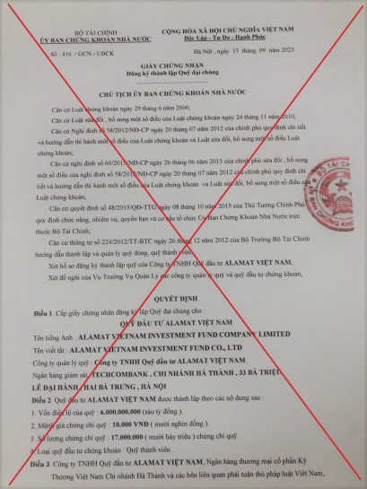 UBCKNN cảnh báo văn bản lập Quỹ đầu tư Alamat Việt Nam là giả mạo UBCKNN canh bao van ban lap Quy dau tu Alamat Viet Nam la gia mao