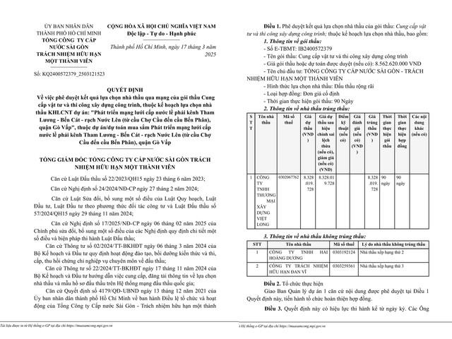 Xây dựng Việt Long trúng gói thầu 8,3 tỷ tại Cấp nước Sài Gòn Xay dung Viet Long trung goi thau 8,3 ty tai Cap nuoc Sai Gon