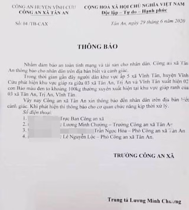 Xon xao van ban thong bao 2 con bao den nang 100kg xuat hien o Dong Nai