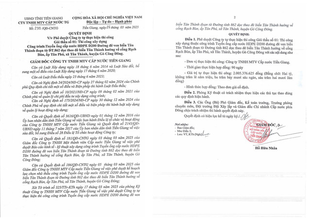 trong thang 3, Cap nuoc Tien Giang tu thuc hien 5 goi thau