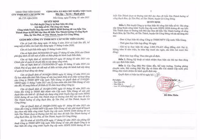 trong thang 3, Cap nuoc Tien Giang tu thuc hien 5 goi thau