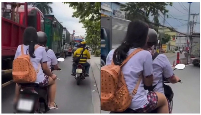 2 nữ học viên Trung tâm GDNN- GDTX quận 12 vừa chạy xe vừa hút thuốc lá. Ảnh chụp màn hình. hsinh-5.png