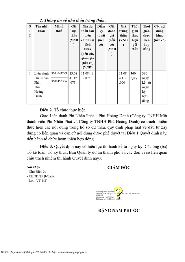 Một phần quyết định số KQ2500248490_2506200946 do ông Đặng Nam Phước, Giám đốc Ban Quản lý dự án TP Long Khánh, ký phê duyệt. nguồn: MSC td2.png