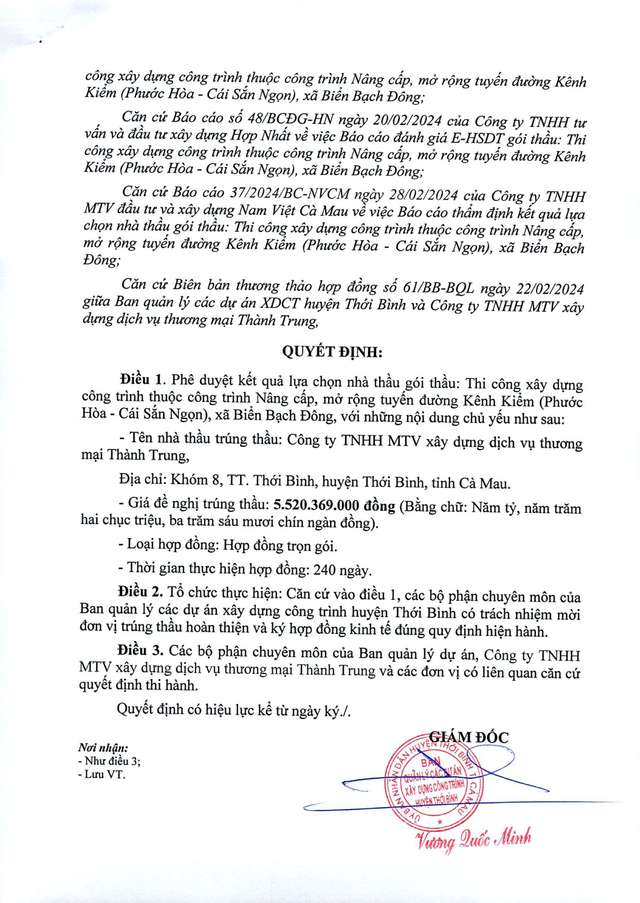 Một phần Quyết định phê duyệt số 157/QĐ-BQL ngày 29/02/2024 do ông Vương Quốc Minh – Giám đốc Ban Quản lý các Dự án Xây dựng Công trình huyện Thới Bình, ký ban hành. Nguồn: MSC b1.png