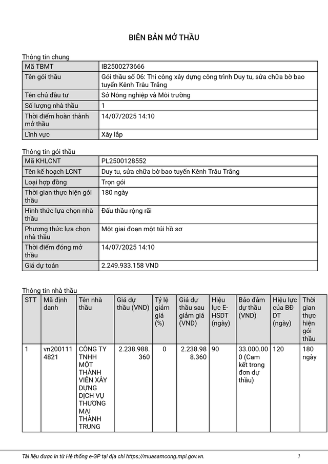 Duy nhất Công ty Thành Trung nộp hồ sơ dự thầu Gói thầu thi công duy tu, sửa chữa tuyến Kênh Trâu Trắng. trau-trang.png