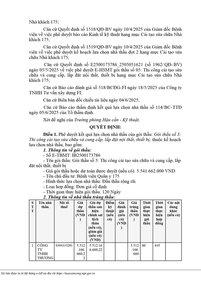 Một phần quyết định số KQ2500173786_2506101412 của Bệnh viện Quân y 175. Nguồn: MSC kq1.png