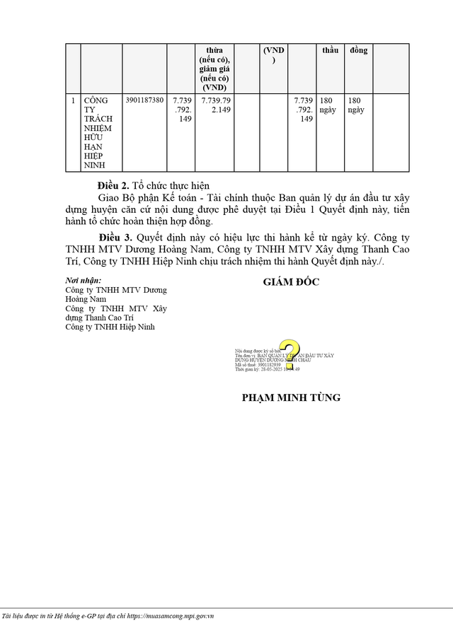 Một phần quyết định số KQ2500190967_2505281030 ban hành ngày 28/5/2025 do ông Phạm Minh Tùng, Giám đốc Ban Quản lý Dự án Đầu tư Xây dựng huyện Dương Minh Châu (tỉnh Tây Ninh), ký phê duyệt. Nguồn MSC kq1.png