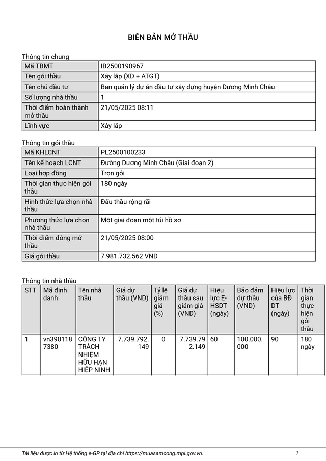 Theo biên bản mở thầu, chỉ duy nhất một đơn vị nộp hồ sơ là Công ty TNHH Hiệp Ninh. Nguồn: MSC kq.png