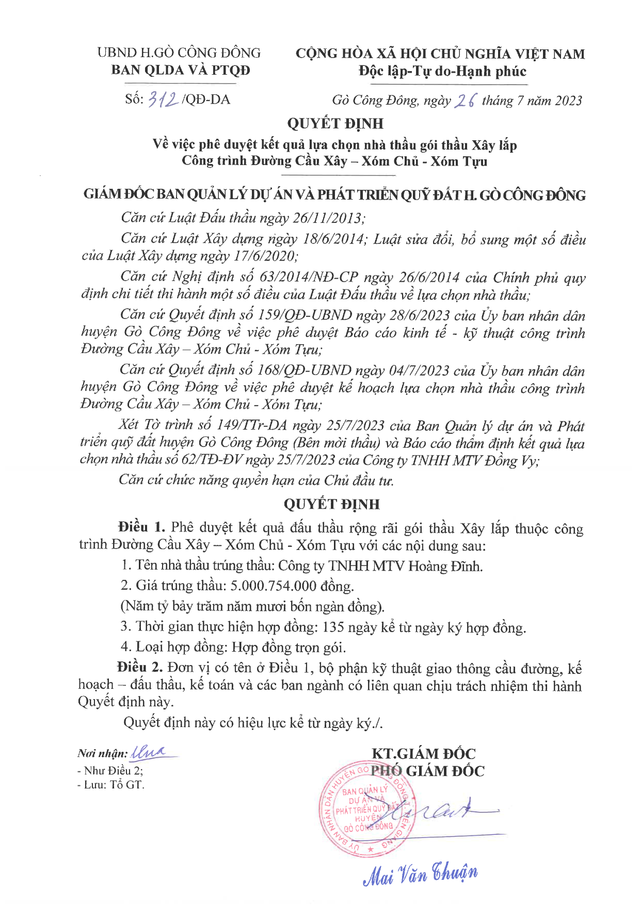 Công ty Hoàng Đĩnh là nhà thầu duy nhất dự thầu và trúng gói thầu xây lắp thuộc dự án Đường Cầu Xây – Xóm Chủ – Xóm Tựu, với giá 5,000 tỷ đồng. Nguồn: MSC kq.png