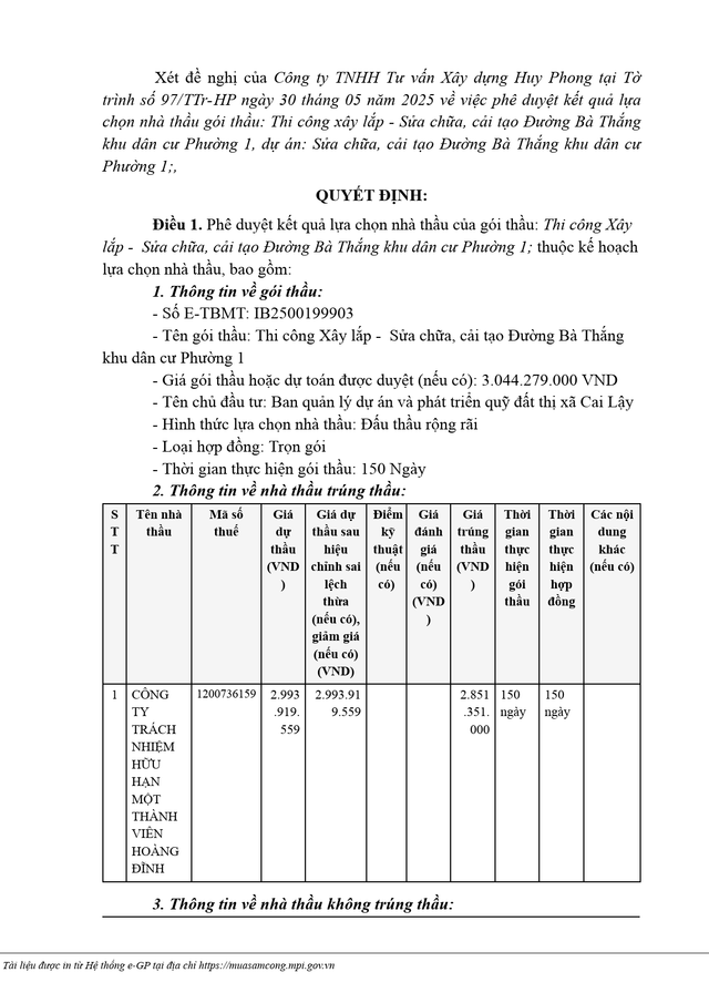 Một phần Quyết định số KQ2500199903_2505301606 ngày 30/5/2025 của Ban Quản lý dự án và Phát triển quỹ đất thị xã Cai Lậy (tỉnh Tiền Giang). Nguồn: MSC kq1.png