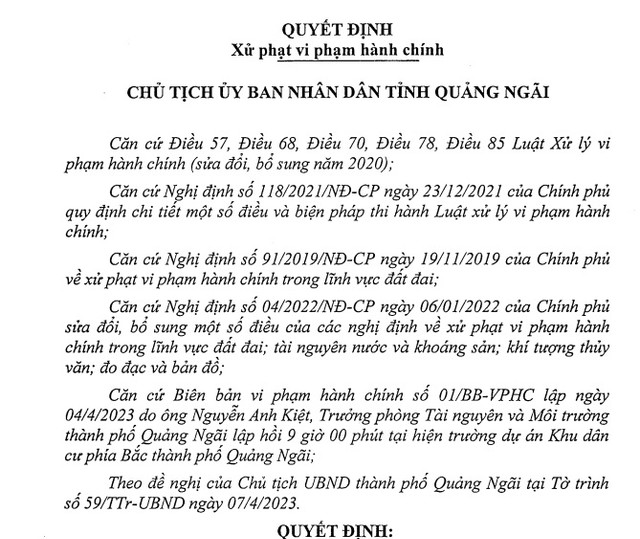 Doanh nghiệp ở Quảng Ngãi chiếm hơn 31.000 m2 đất bị phạt 632 triệu Doanh nghiep o Quang Ngai chiem hon 31.000 m2 dat bi phat 632 trieu
