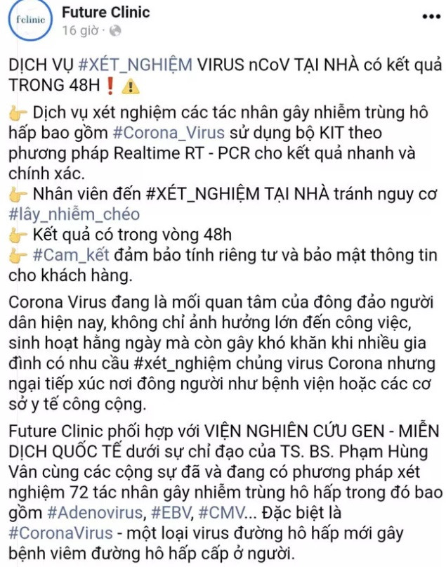 Yêu cầu phòng khám Future Clinic ngưng quảng cáo dịch vụ xét nghiệm virus corona tại nhà Yeu cau phong kham Future Clinic ngung quang cao dich vu xet nghiem virus corona tai nha