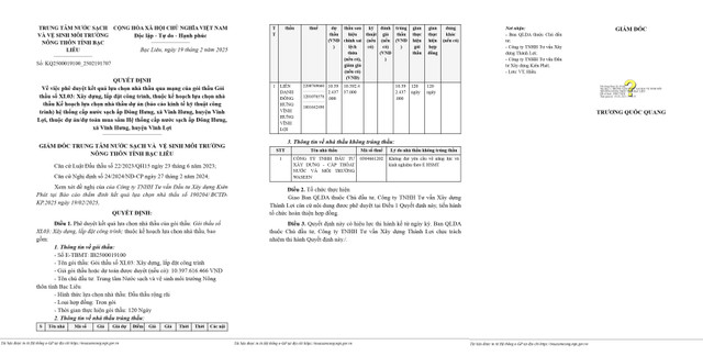 Bạc Liêu: Năng lực Liên danh thi công Hệ thống nước sạch hơn 10 tỷ Bac Lieu: Nang luc Lien danh thi cong He thong nuoc sach hon 10 ty