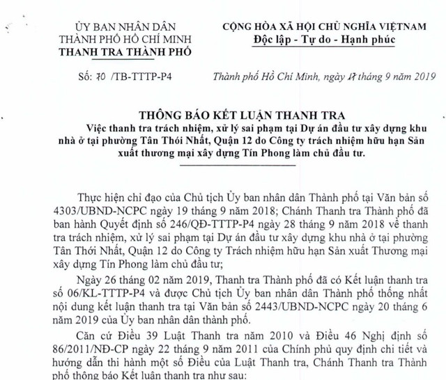 Hàng loạt sai phạm tại dự án nhà của Công ty Tín Phong: Thanh tra TP HCM đề nghị xử lý thế nào? Hang loat sai pham tai du an nha cua Cong ty Tin Phong: Thanh tra TP HCM de nghi xu ly the nao?