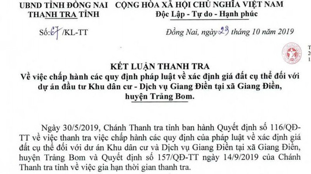 Thanh tra Đồng Nai chỉ ra nhiều thiếu sót trong dự án Giang Điền của LDG và Sonadezi - Hình 2 Thanh tra Dong Nai chi ra nhieu thieu sot trong du an Giang Dien cua LDG va Sonadezi-Hinh-2