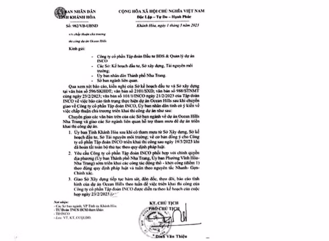 Khanh Hoa: Van ban cho thi cong du an Ocean Hills la gia
