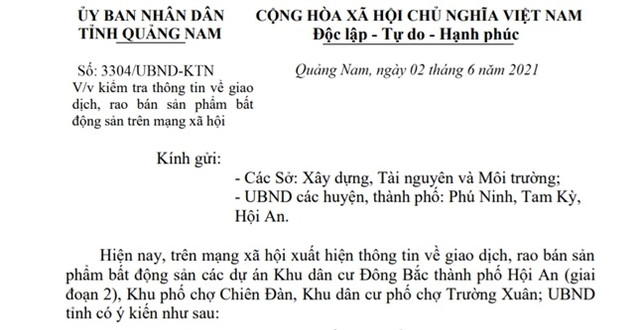 Quảng Nam kiểm tra việc rao bán 3 dự án bất động sản chưa đủ điều kiện giao dịch Quang Nam kiem tra viec rao ban 3 du an bat dong san chua du dieu kien giao dich