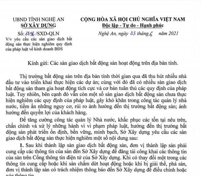 Nghệ An chấn chỉnh các sàn giao dịch bất động sản Nghe An chan chinh cac san giao dich bat dong san