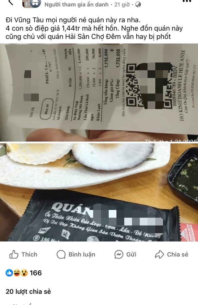 1,4 triệu 4 con sò điệp, quán ăn ở Vũng Tàu “bị soi“ 1,4 trieu 4 con so diep, quan an o Vung Tau “bi soi“