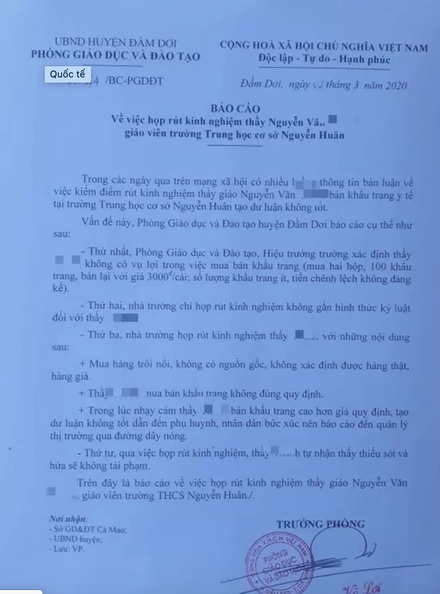 Thầy giáo bị kiểm điểm vì bán khẩu trang cho học sinh 'thu lợi'... 10 nghìn đồng lên tiếng Thay giao bi kiem diem vi ban khau trang cho hoc sinh 'thu loi'... 10 nghin dong len tieng