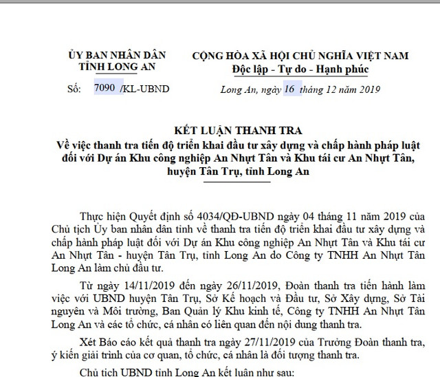 Hàng loạt sai phạm tại dự án khu công nghiệp, tái định cư ở Long An Hang loat sai pham tai du an khu cong nghiep, tai dinh cu o Long An