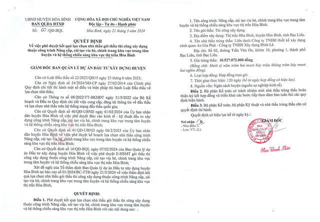 Bac Lieu: Lien danh An Gia Phat - Dinh Le trung goi thau hon 10,5 ty dong