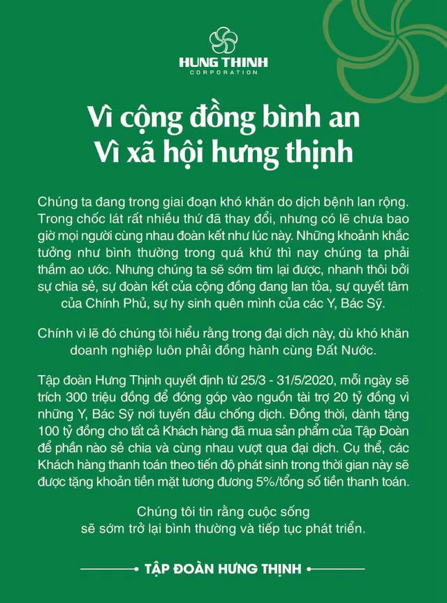 Tap doan Hung Thinh tai tro 20 ty dong cho y, bac sy noi tuyen dau chong dich Covid-19