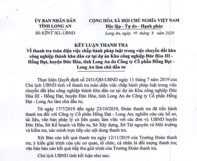 Nhiều sai phạm của dự án KCN Đức Hòa III - Hồng Đạt Nhieu sai pham cua du an KCN Duc Hoa III - Hong Dat