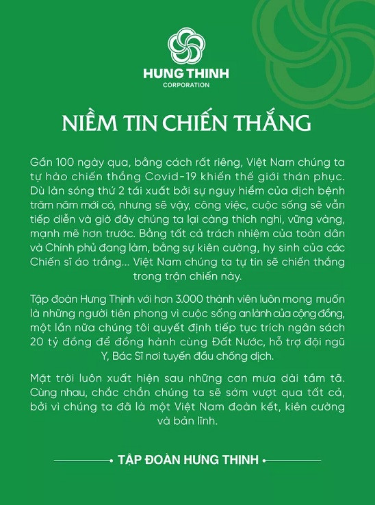 Tập đoàn bất động sản Hưng Thịnh ủng hộ 20 tỷ chống COVID-19 Tap doan bat dong san Hung Thinh ung ho 20 ty chong COVID-19