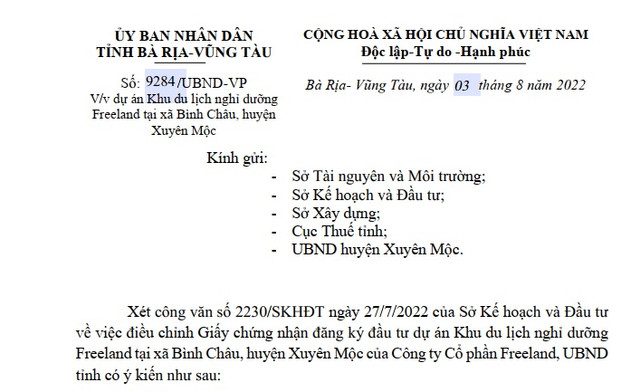 Bà Rịa – Vũng Tàu yêu cầu rà soát nguồn gốc đất dự án Khu du lịch nghỉ dưỡng Freeland Ba Ria – Vung Tau yeu cau ra soat nguon goc dat du an Khu du lich nghi duong Freeland