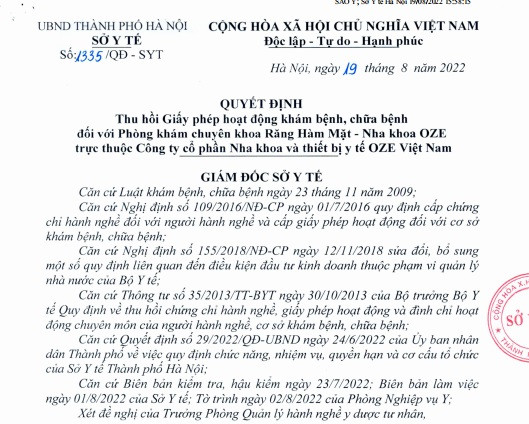 Bị thu hồi giấy phép, Phòng khám Nha khoa OZE vẫn hoạt động bất chấp Bi thu hoi giay phep, Phong kham Nha khoa OZE van hoat dong bat chap