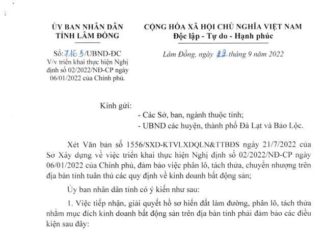 Chỉ đạo mới nhất của tỉnh Lâm Đồng về phân lô, tách thửa đất Chi dao moi nhat cua tinh Lam Dong ve phan lo, tach thua dat